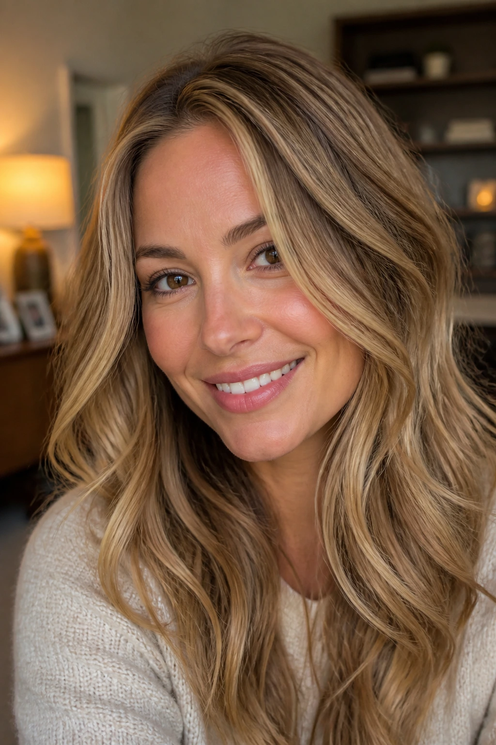 Close-up portrait of a real person with beige-gold lowlights in blonde hair