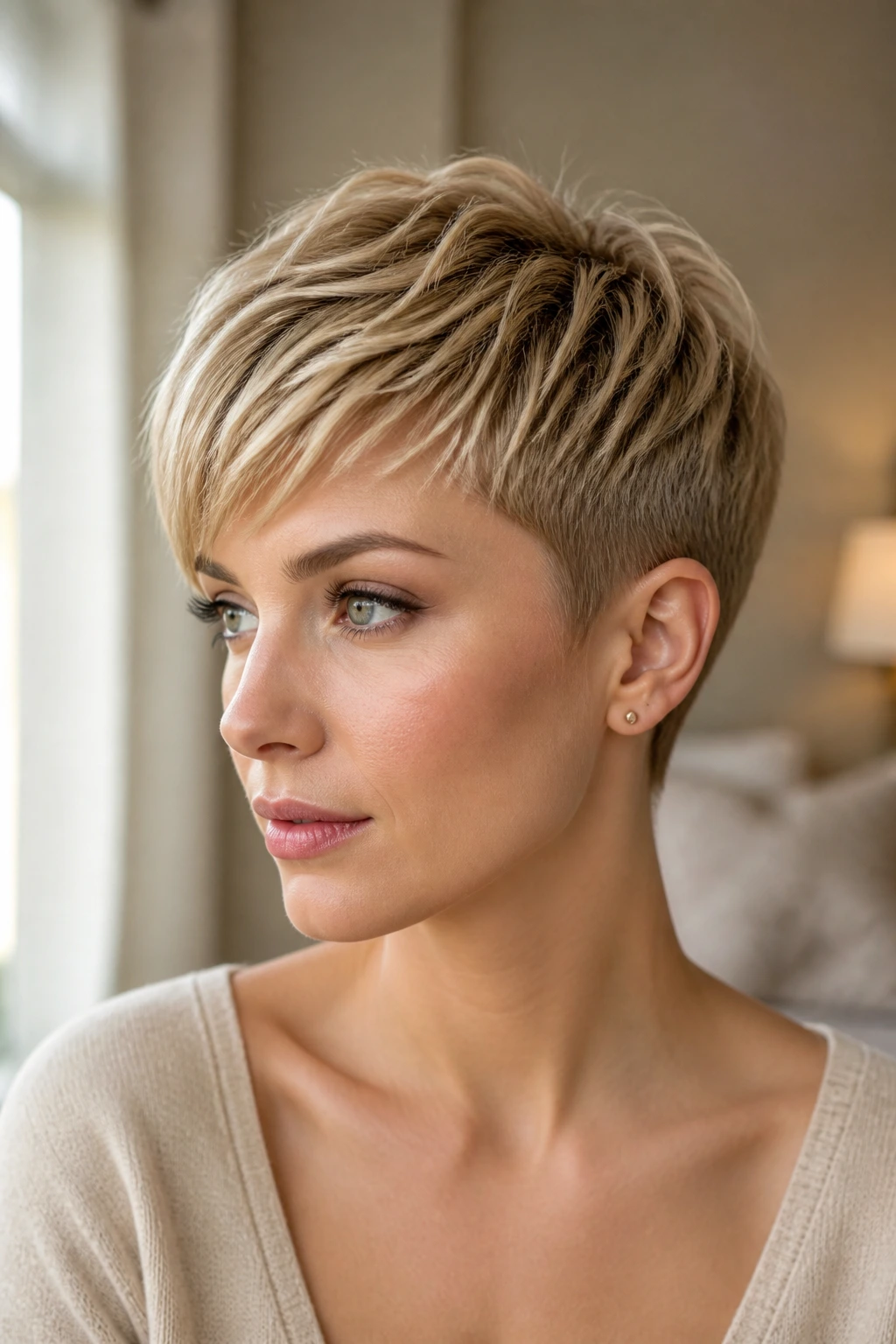 Real woman with beige-gold pixie cut in soft window light