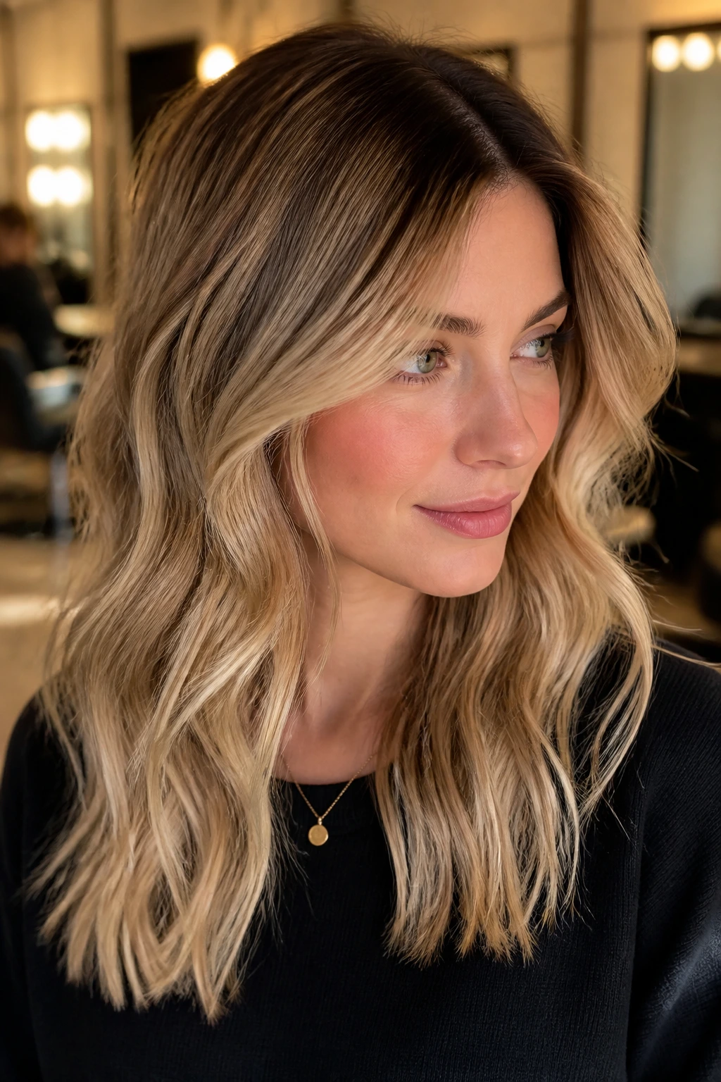 Portrait of a real woman with beige-gold root melt and soft mid-length highlights