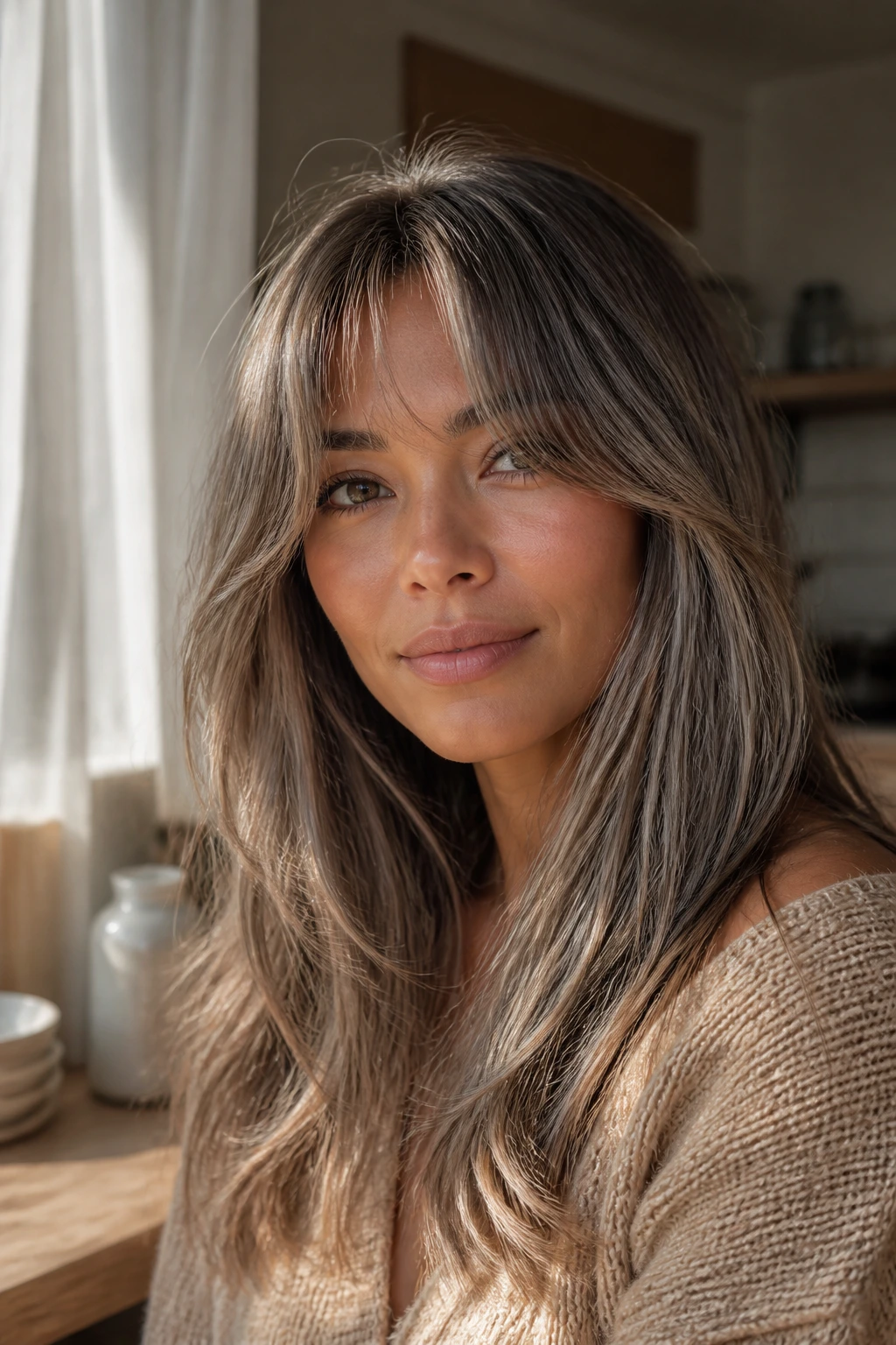 Real woman with beige-gray babylights and curtain bangs on tan skin in a sunlit kitchen.