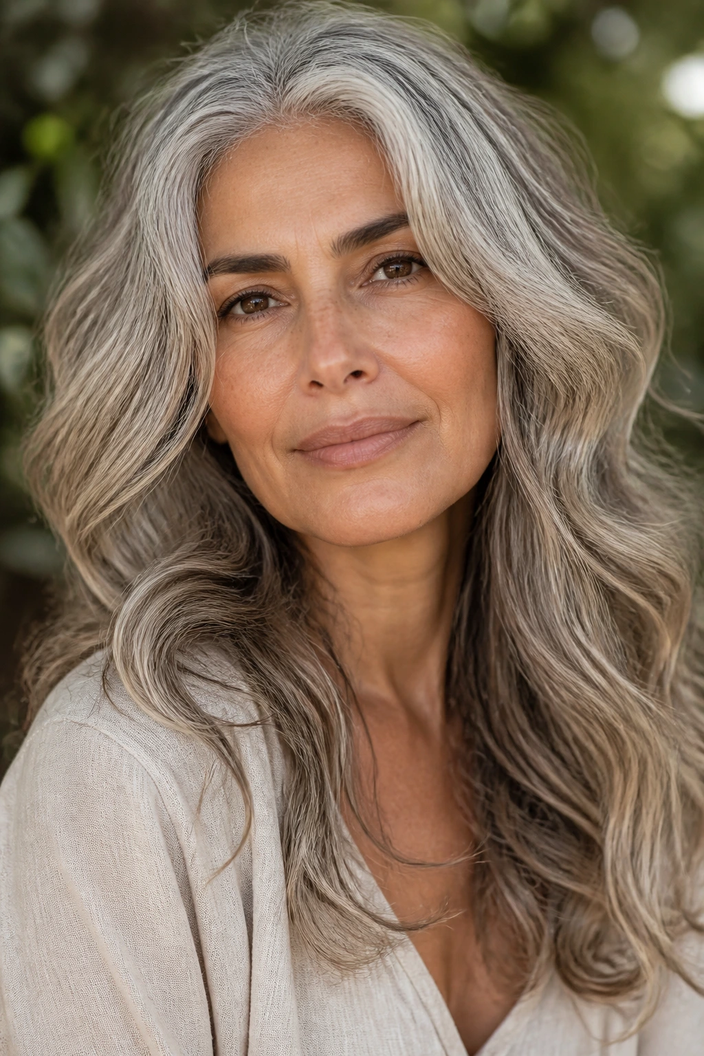 Close-up portrait of a real person with neutral beige gray waves.