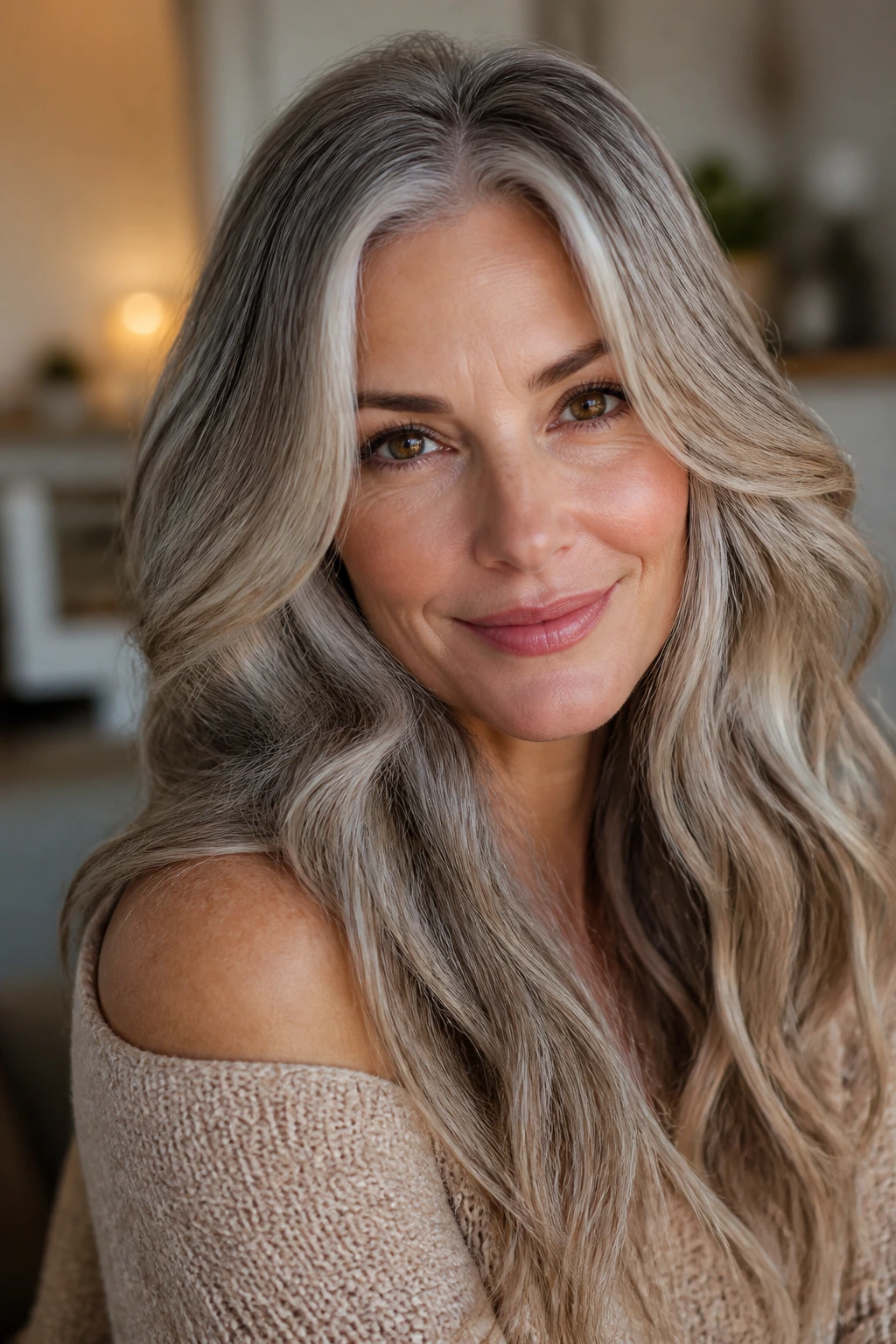 Portrait of person with beige-grey hair highlighting warm skin tones