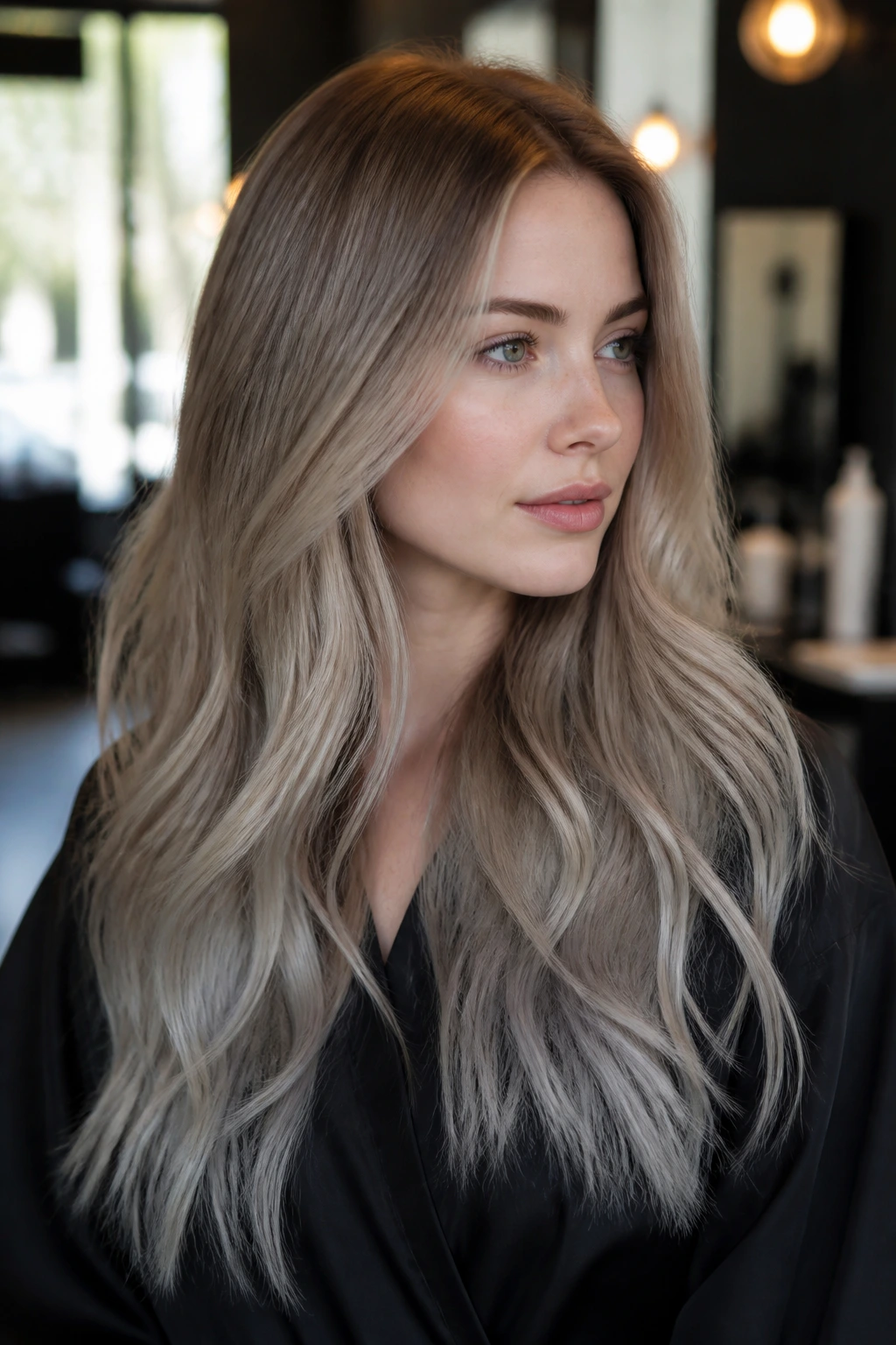 Close-up of beige-to-grey ombré hair with satin finish in a salon setting.