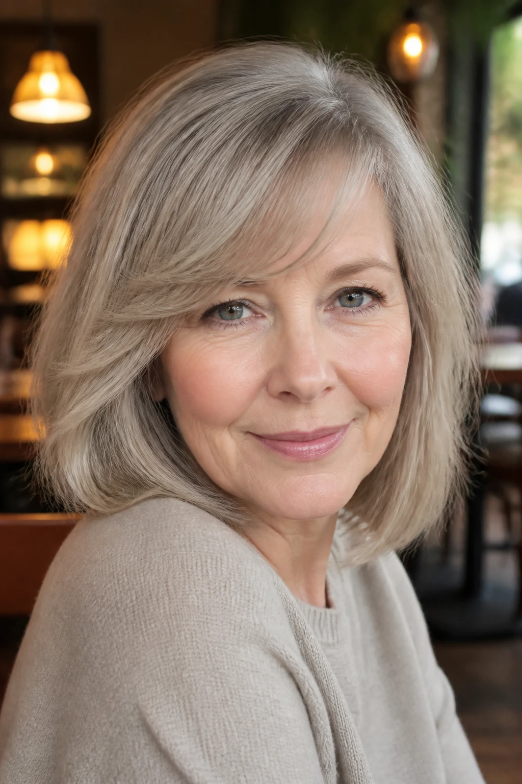 Close-up of a real woman with a cool beige-grey shoulder cut and side-swept bangs