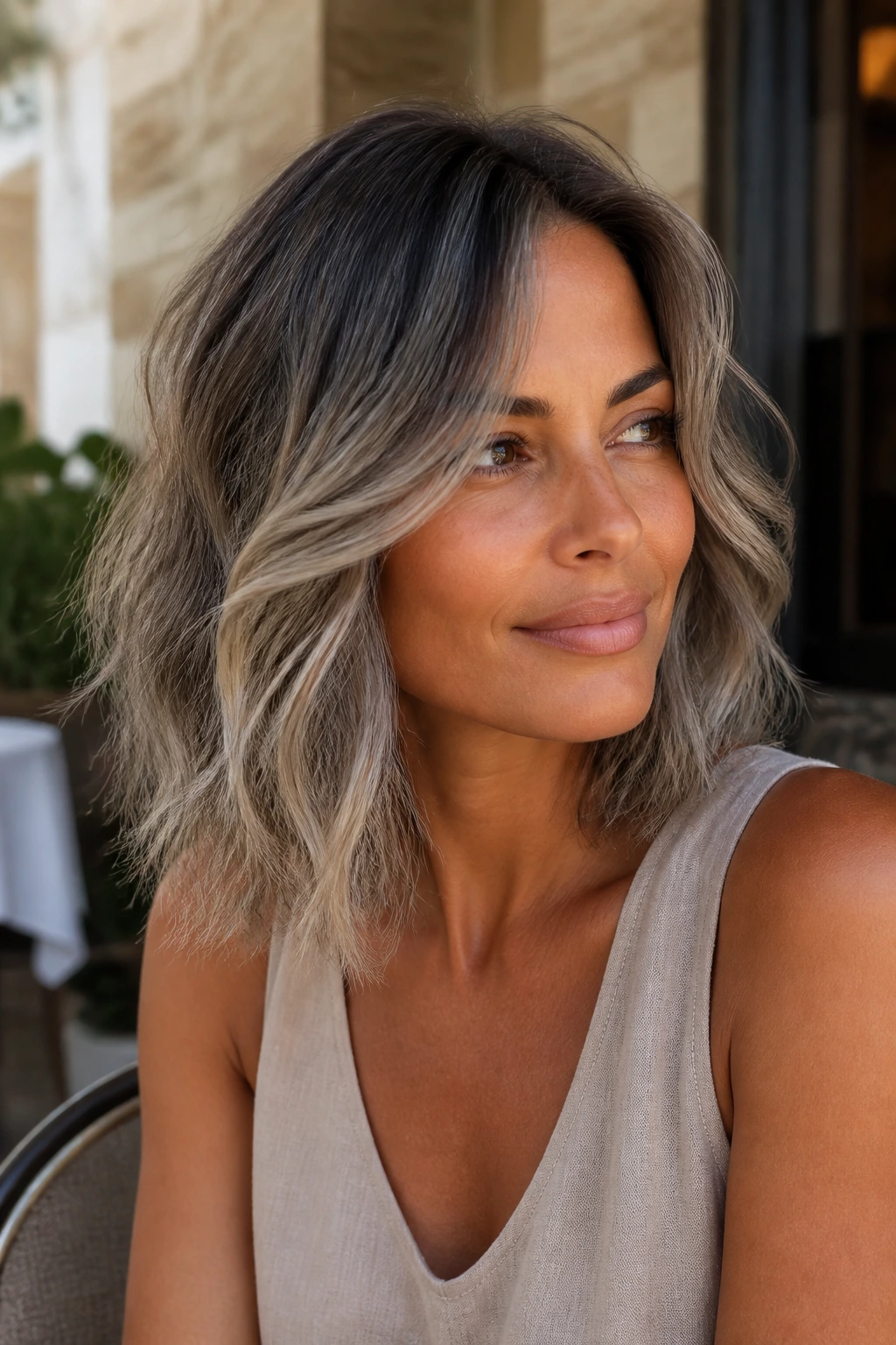 Portrait of a person with beige-grey smoke hair on tan skin in a casual outdoor setting