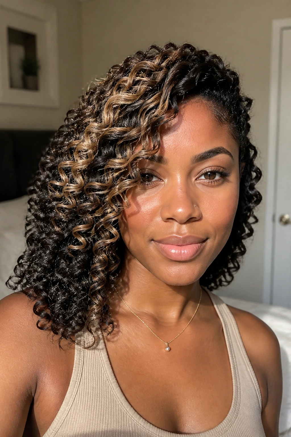 Close-up of a real woman with curved side-sweep curls and beige highlights framing her face