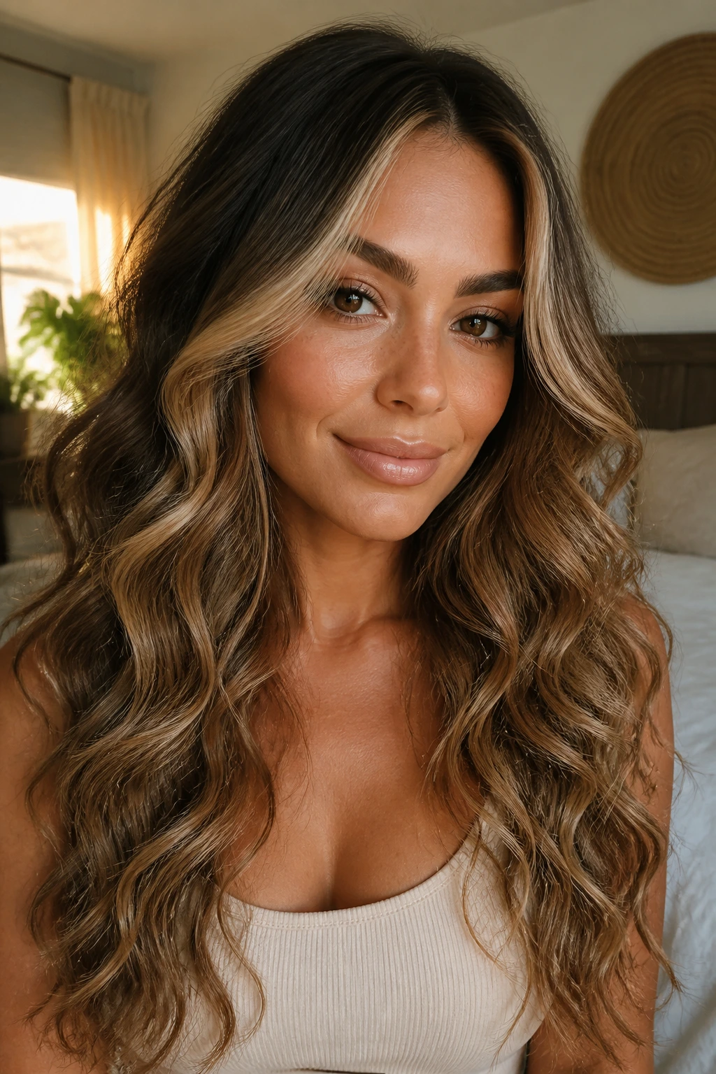 Front portrait of a real woman with beige highlights shaping long curls around the face
