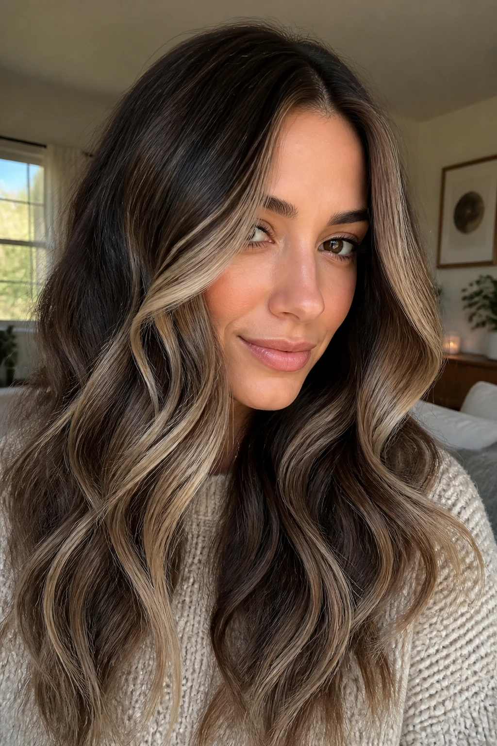 Close-up of thick wavy hair with beige ribbon highlights on a real person
