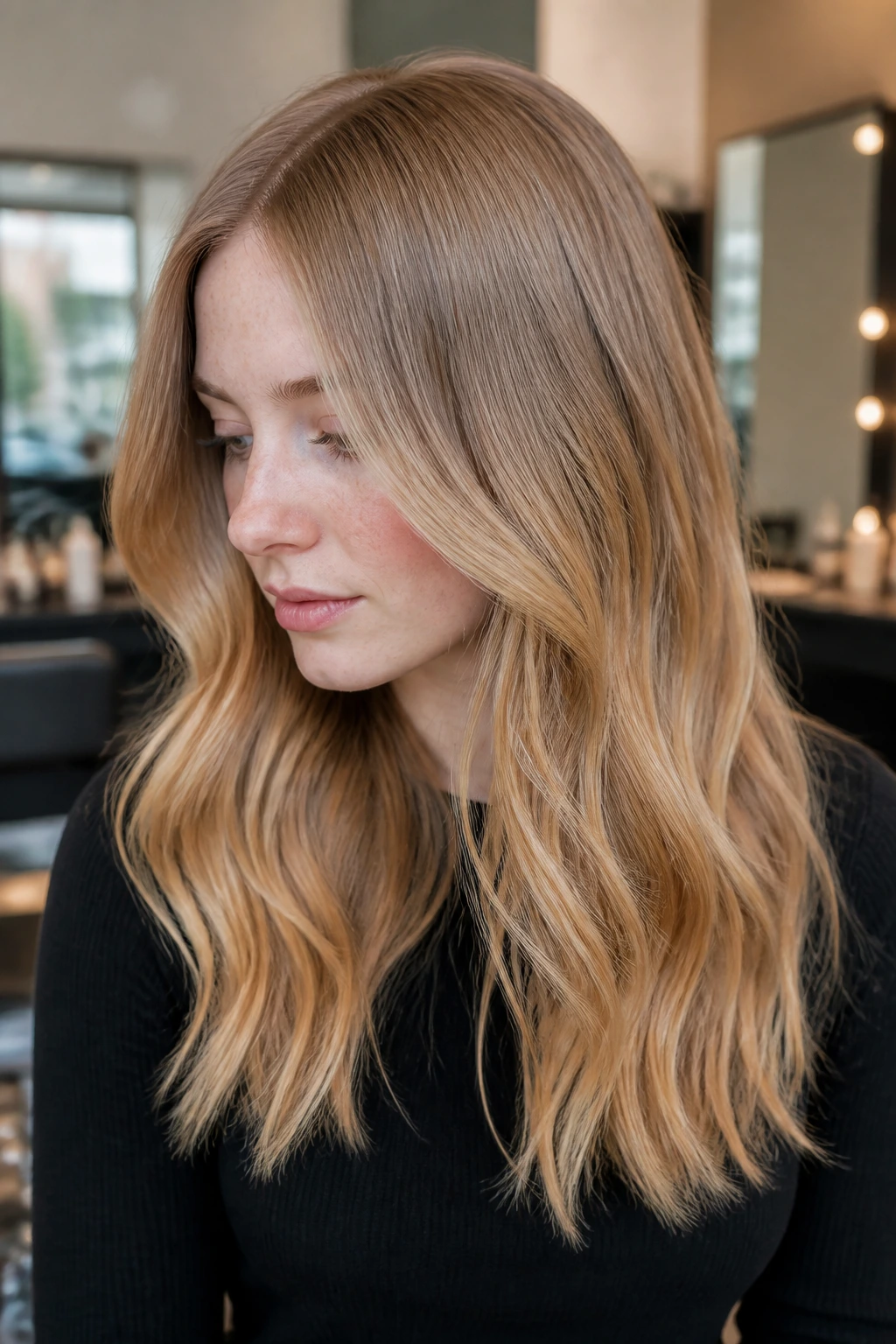 Close-up of beige-to-honey transition on real woman's hair