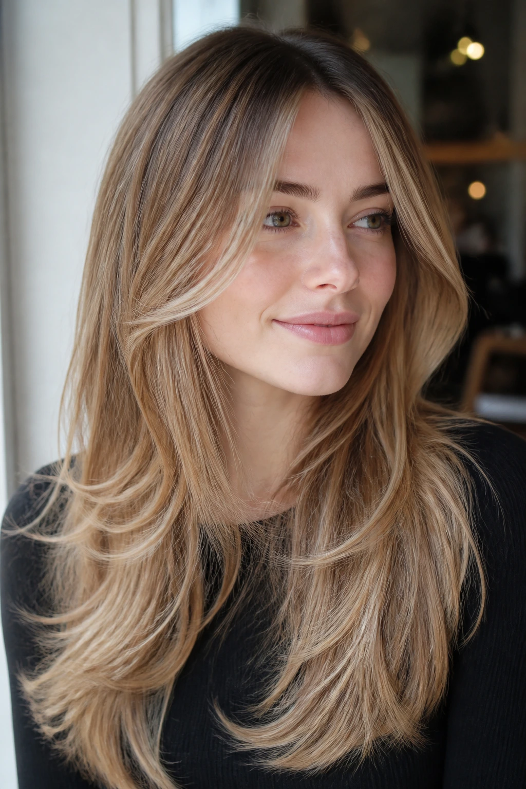 Portrait of a pale-skinned heart-shaped-face woman with beige honey balayage and airy ends.