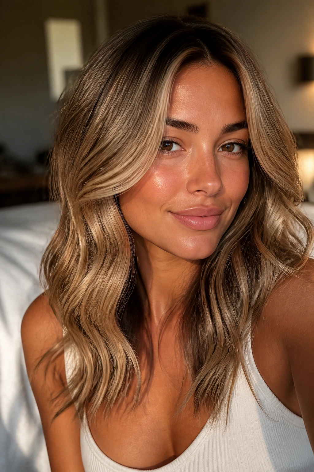 Close-up portrait of a real person with beige honey blonde hair in golden hour light