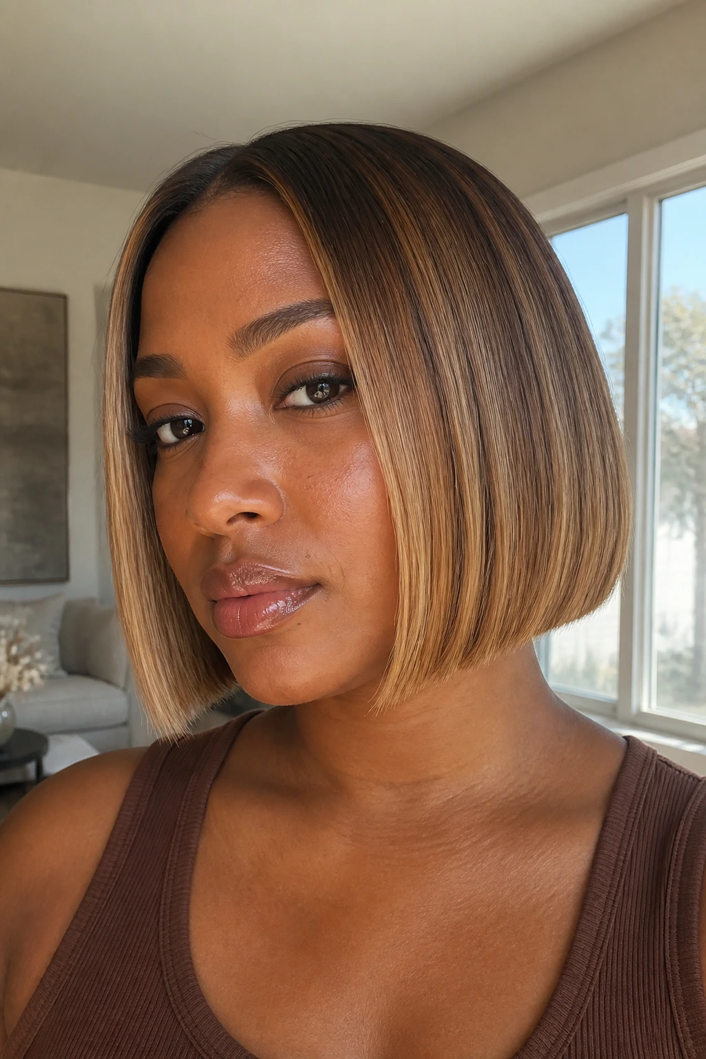 Close-up of a real person with warm beige honey blunt bob, hair framing the jaw