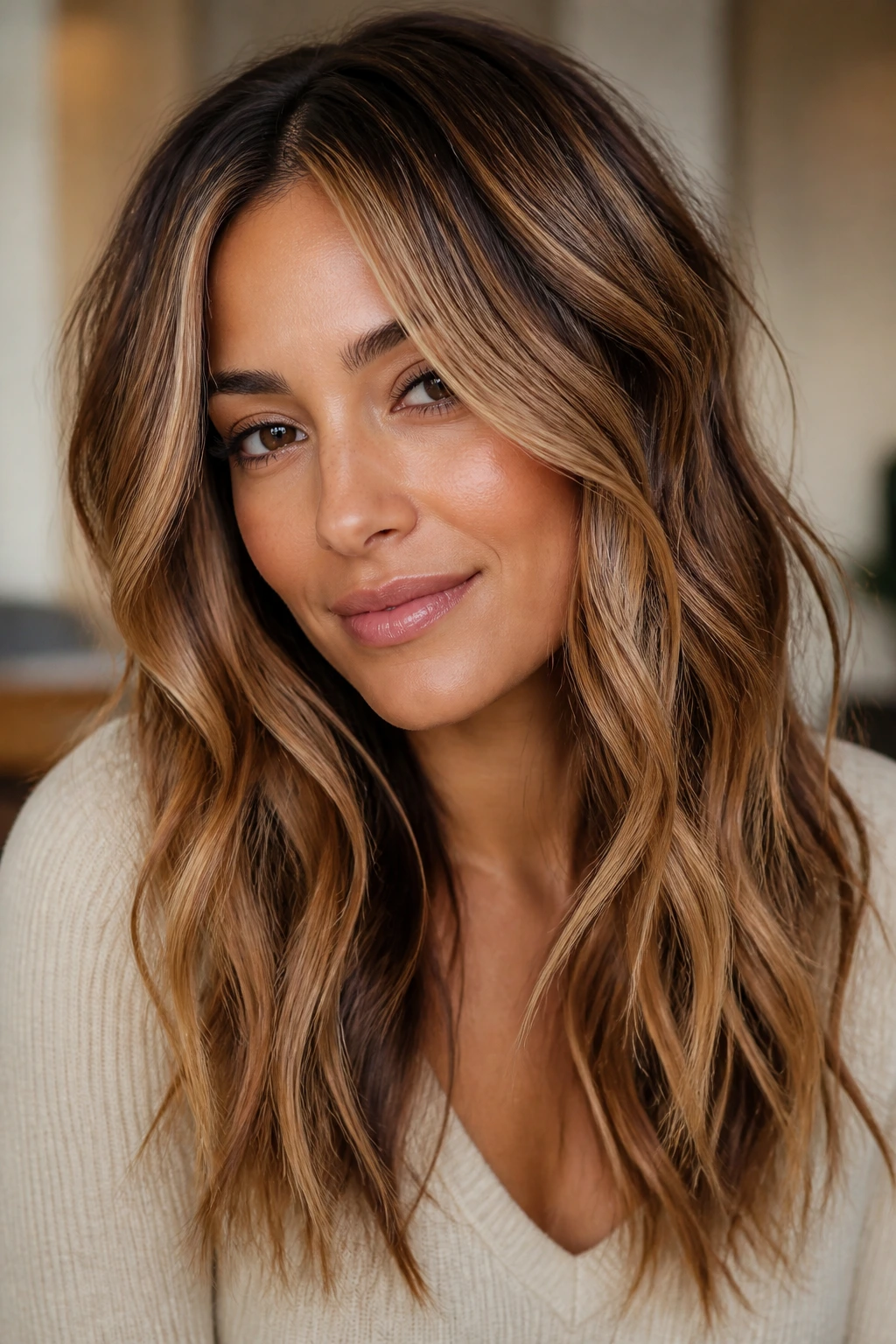 Portrait highlighting beige-honey-bronze caramel shade on hair