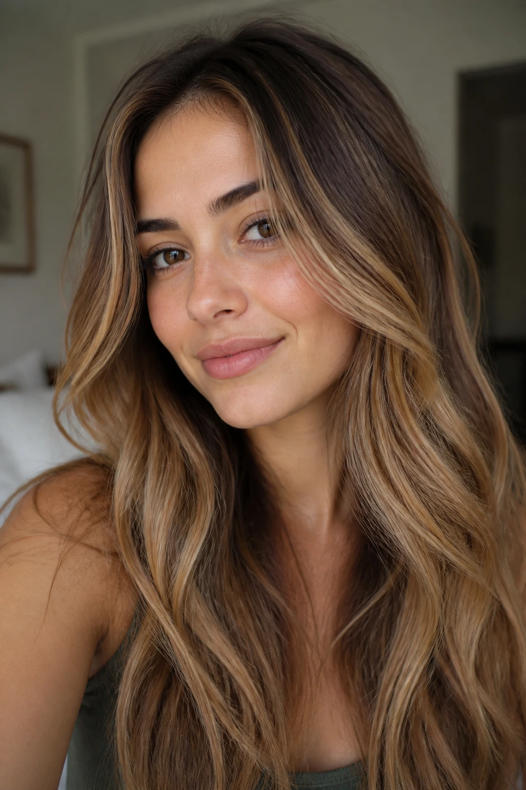 Close-up portrait showing beige-honey caramel blend on olive skin