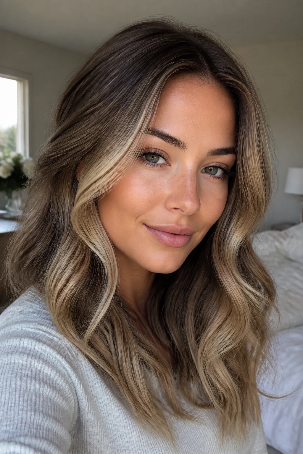 Close-up portrait of a real woman with beige honey contour highlighting framing the face.