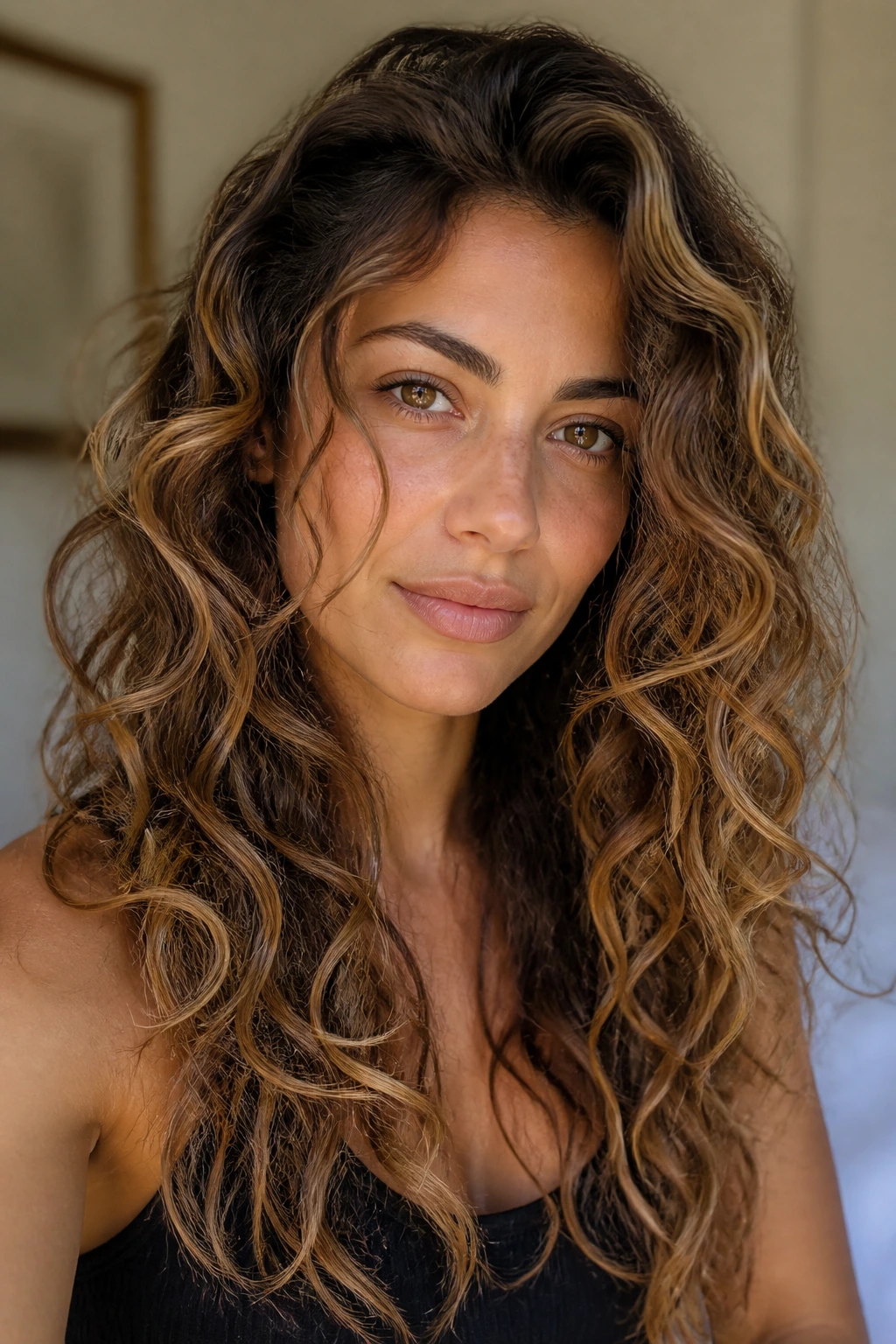 Close-up of an olive-skinned woman with beige-honey base and caramel lights in curls with ribbons.
