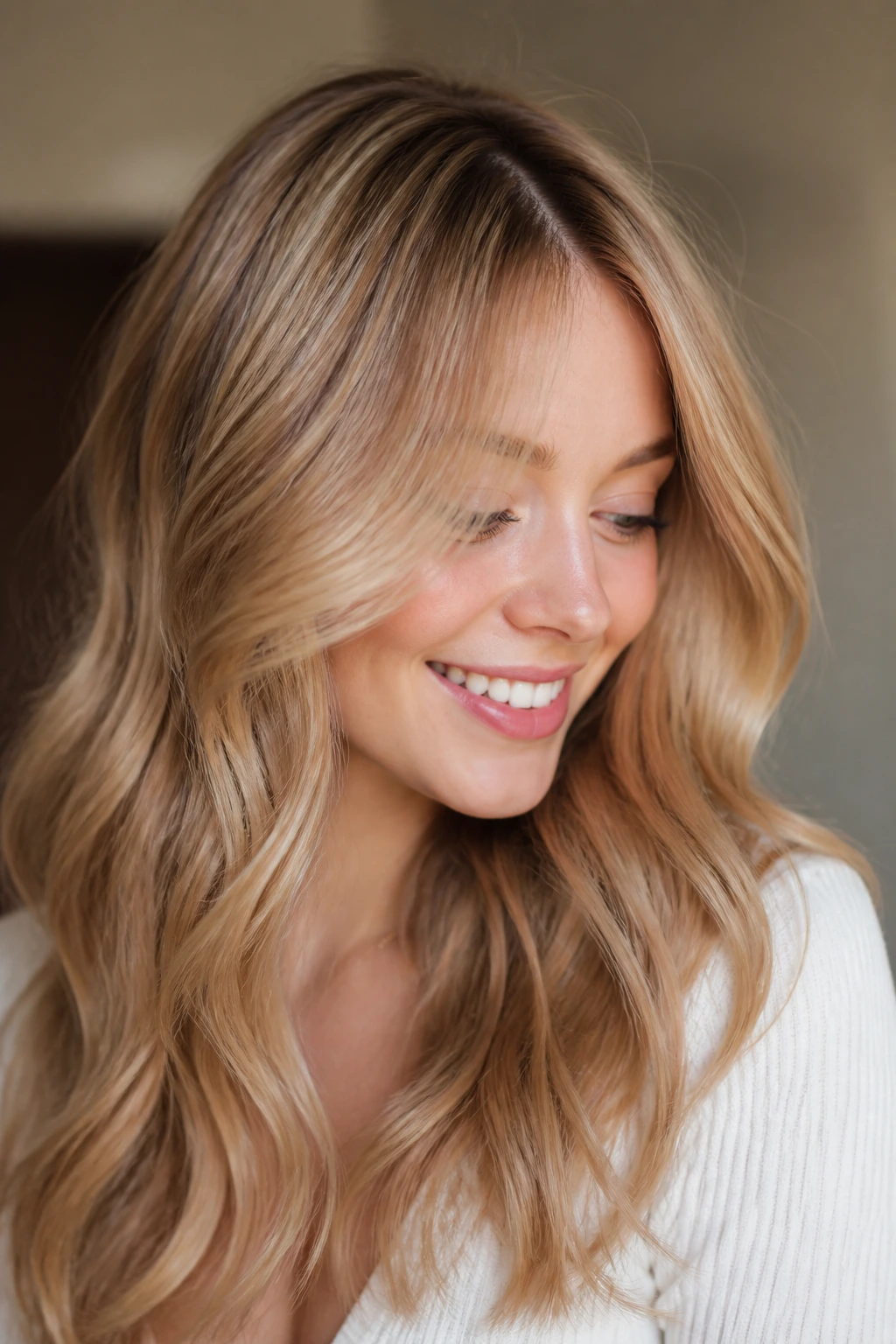Close-up of beige-honey glaze hair on a real person