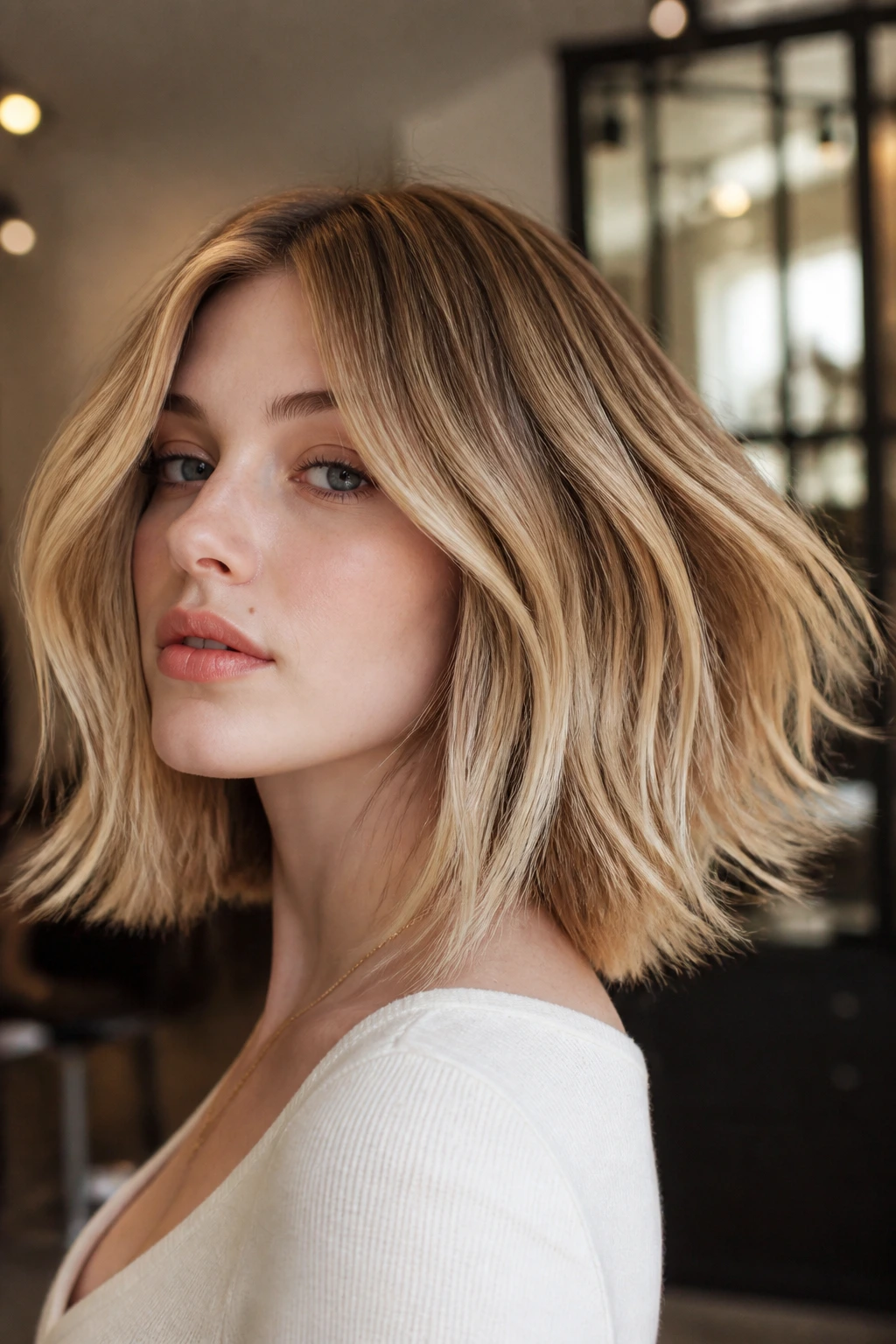 Portrait of a real person with a collarbone-length beige-honey lob