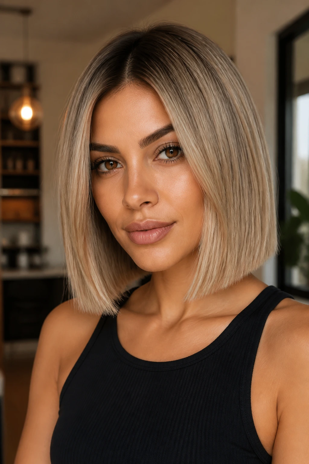 Portrait of person with Golden Beige lob and shadow root.