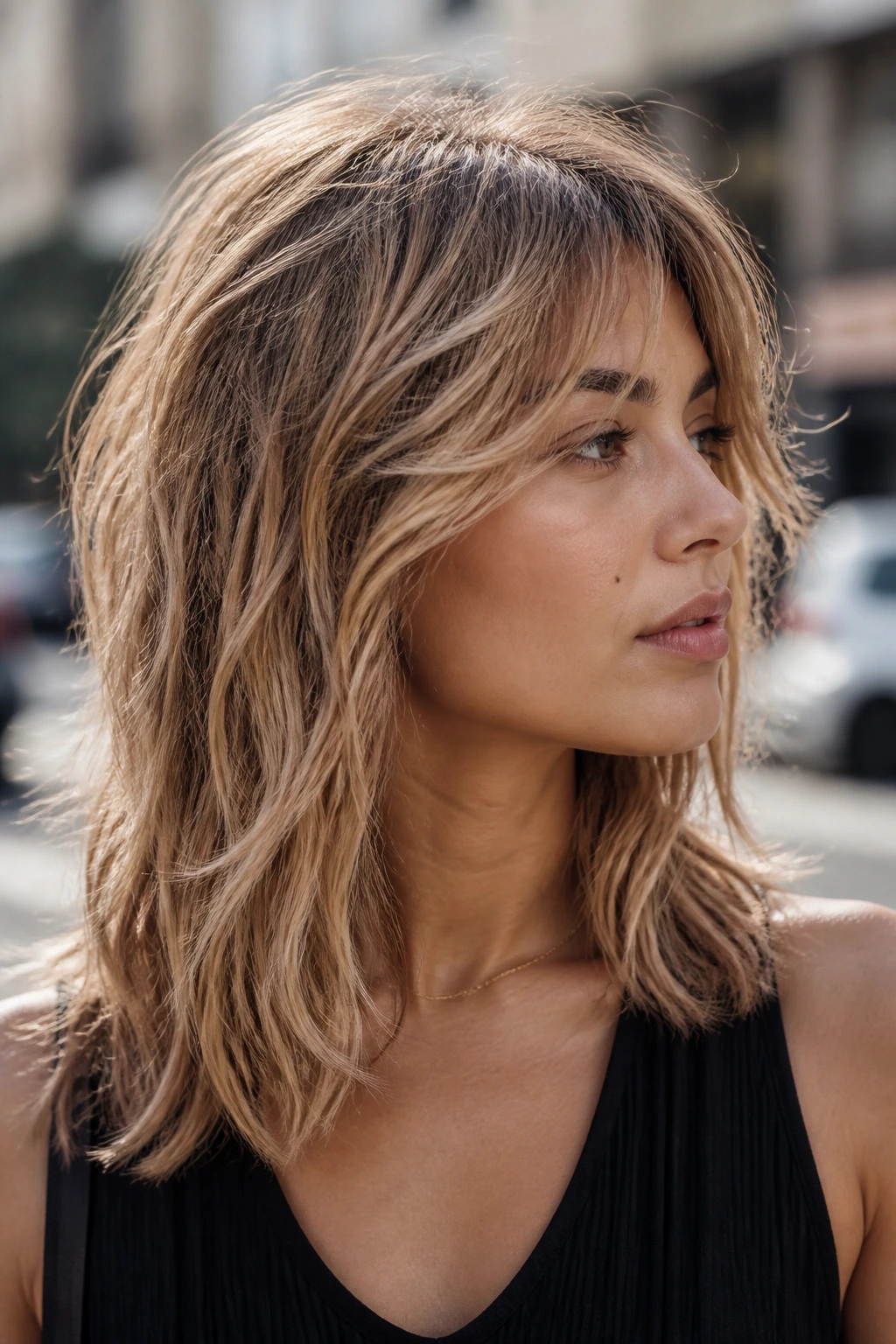 Close-up of a real person with beige honey shag and textured layers.