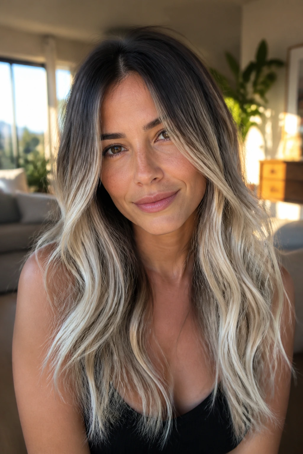Close-up of beige-to-ice melt blonde with warm roots fading to icy ends on a real woman.