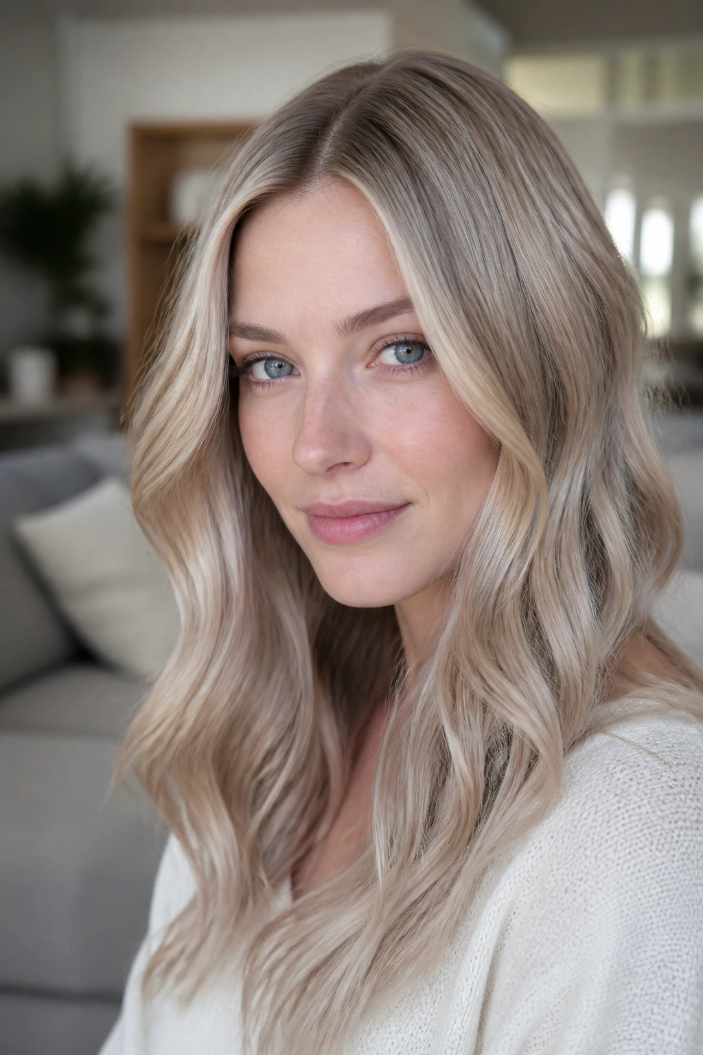 Close-up of a real woman with beige-iced ash blonde hair