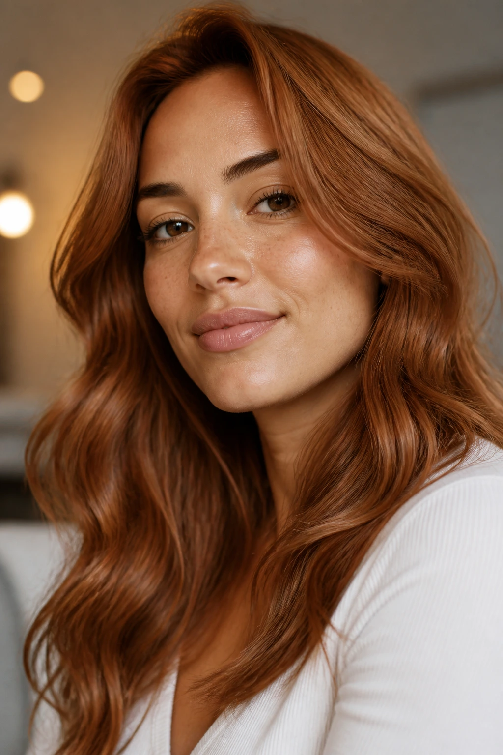 Close-up of a real woman with beige-lift strawberry red hair in soft waves