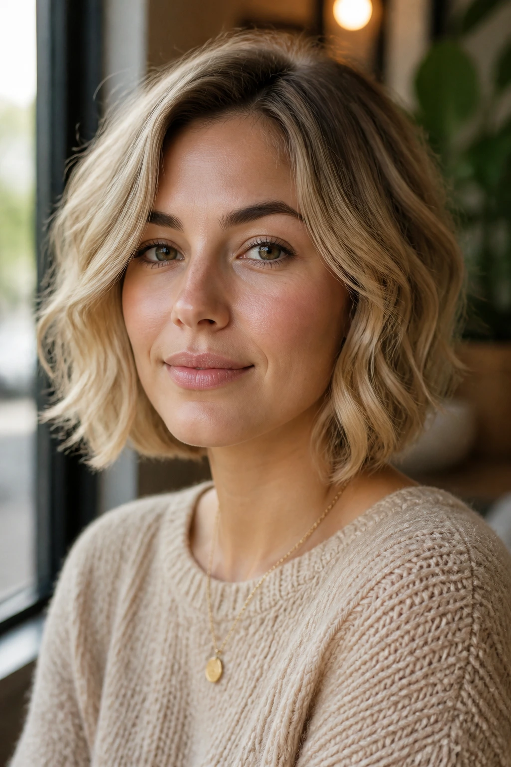 Close-up of a real woman with Soft Beige Lob and jaw-balancing layers.