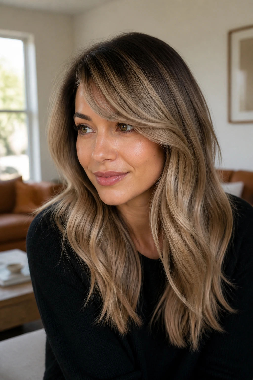 Close-up of beige melt with side bangs on dark hair