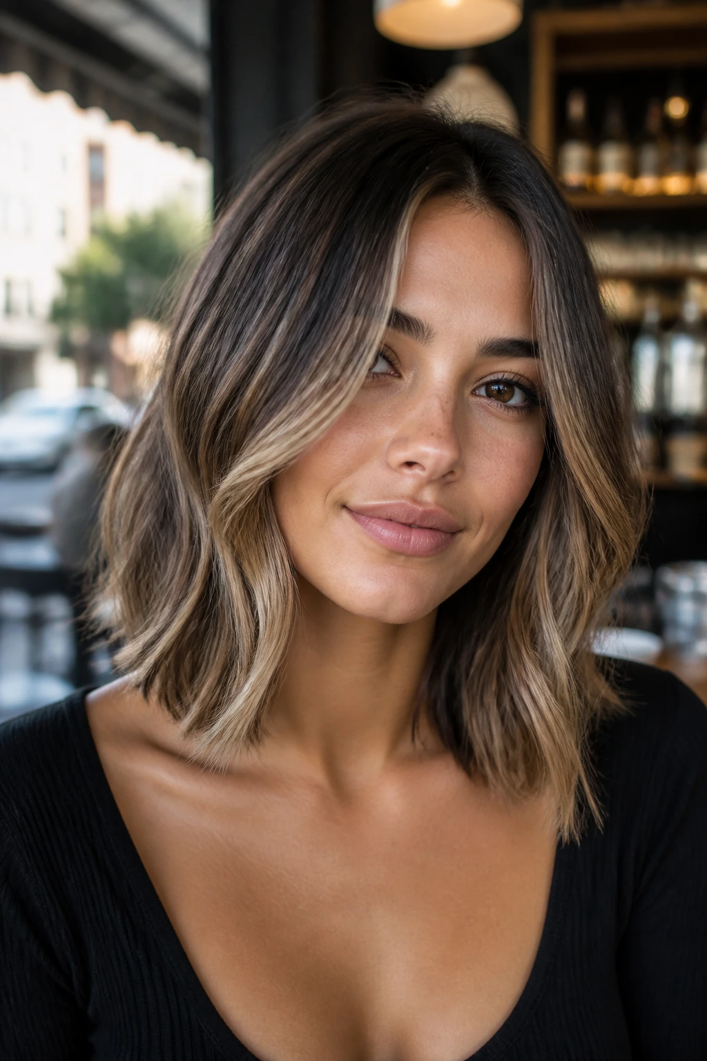 Close-up of a brunette with beige mocha bronde on a collarbone-length lob