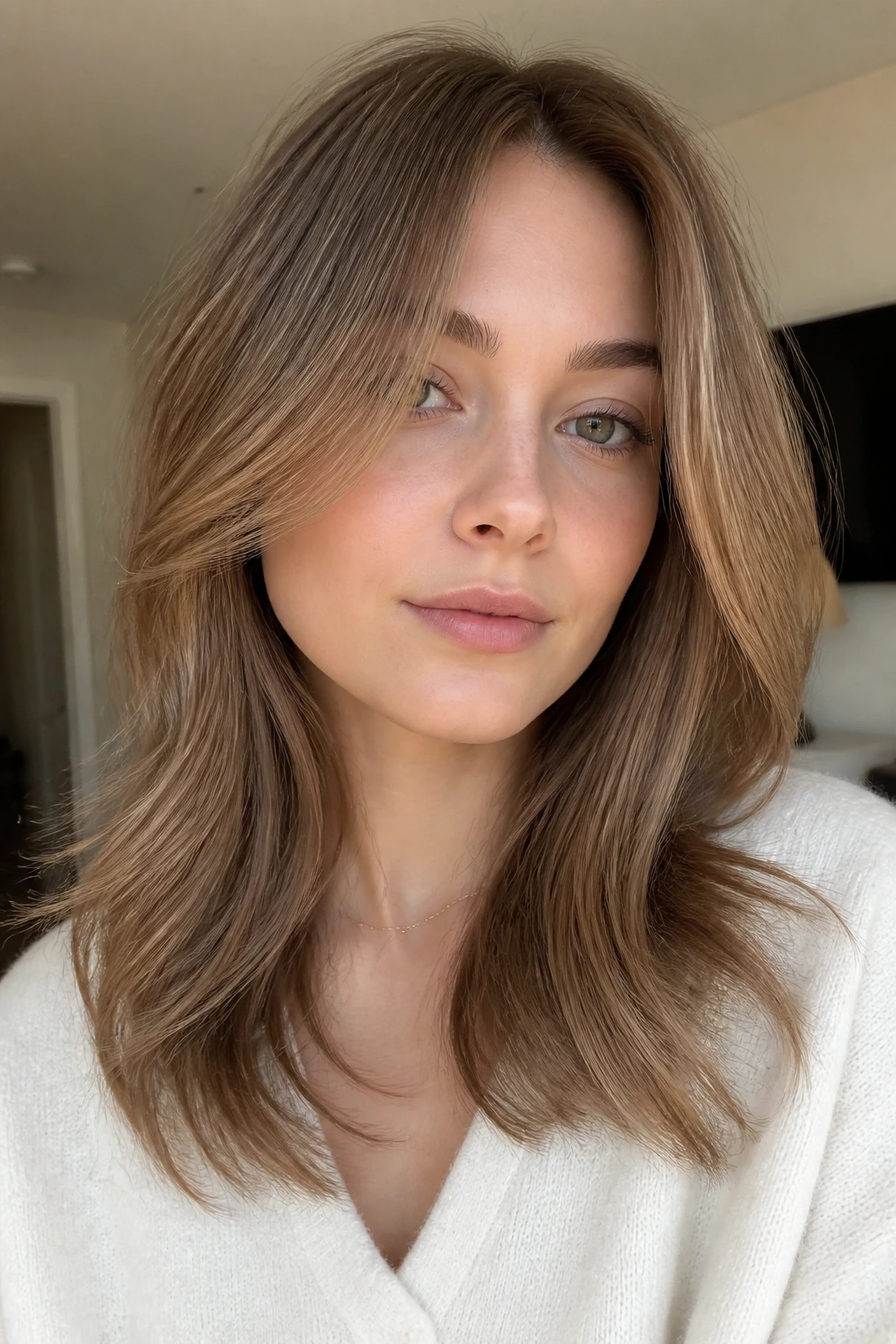 Close-up portrait of a real person with beige mocha hair and feathered ends.