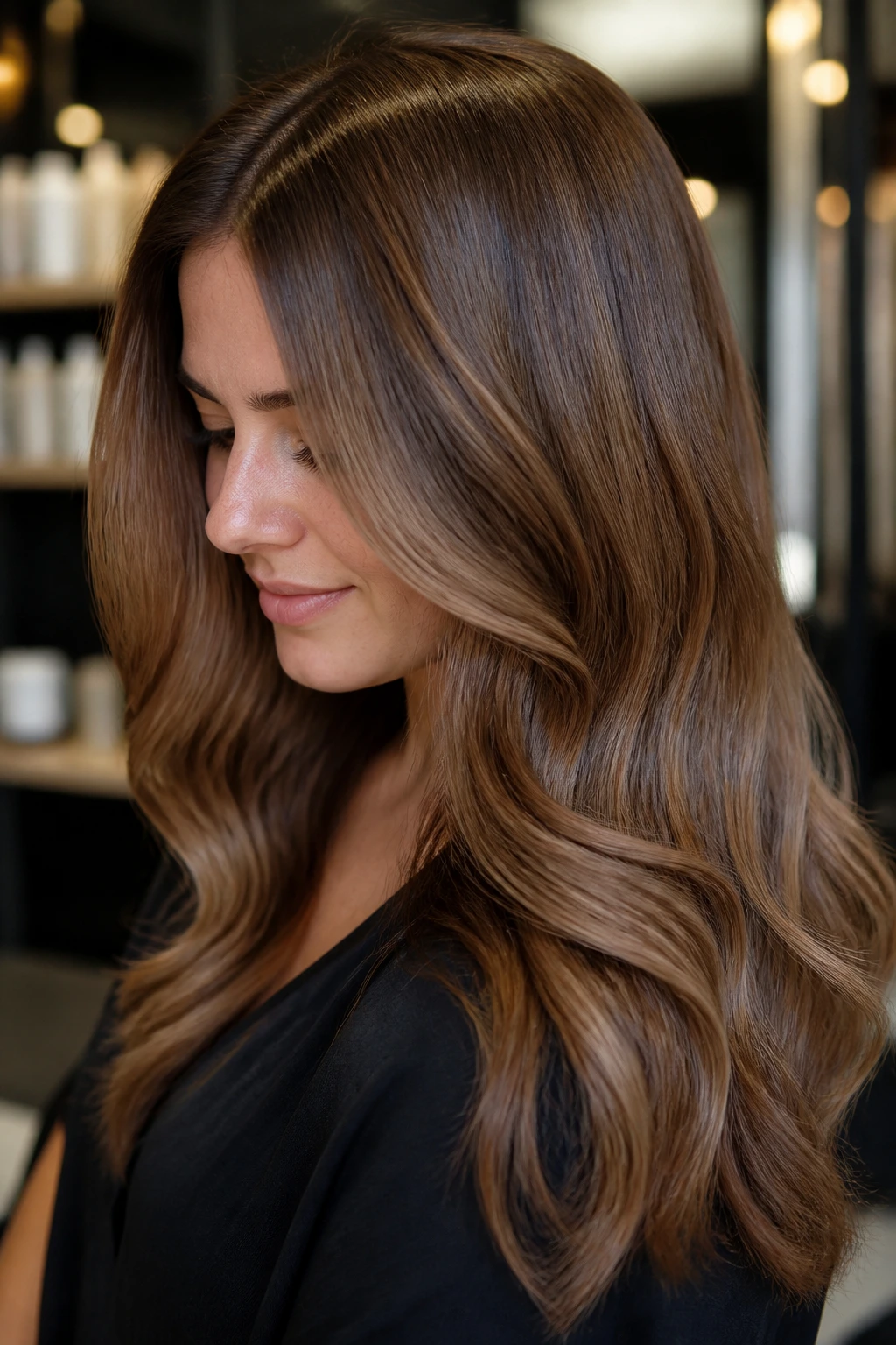 Close-up of a real woman with warm beige mocha gloss on brunette hair.