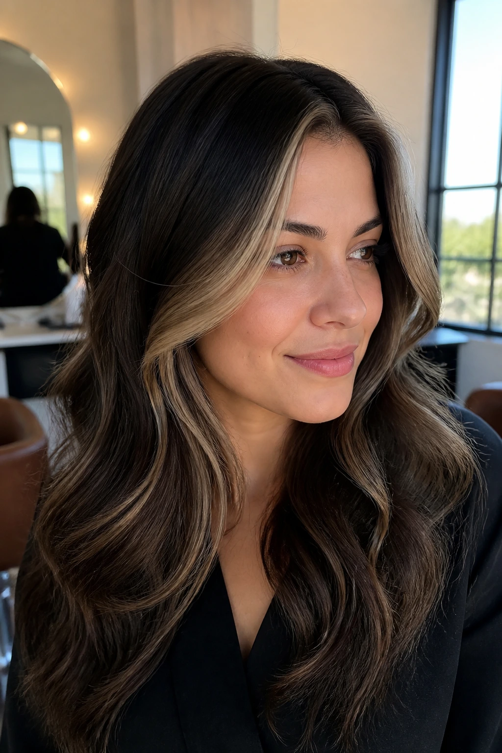 Close-up of woman with beige money piece at hairline on dark hair
