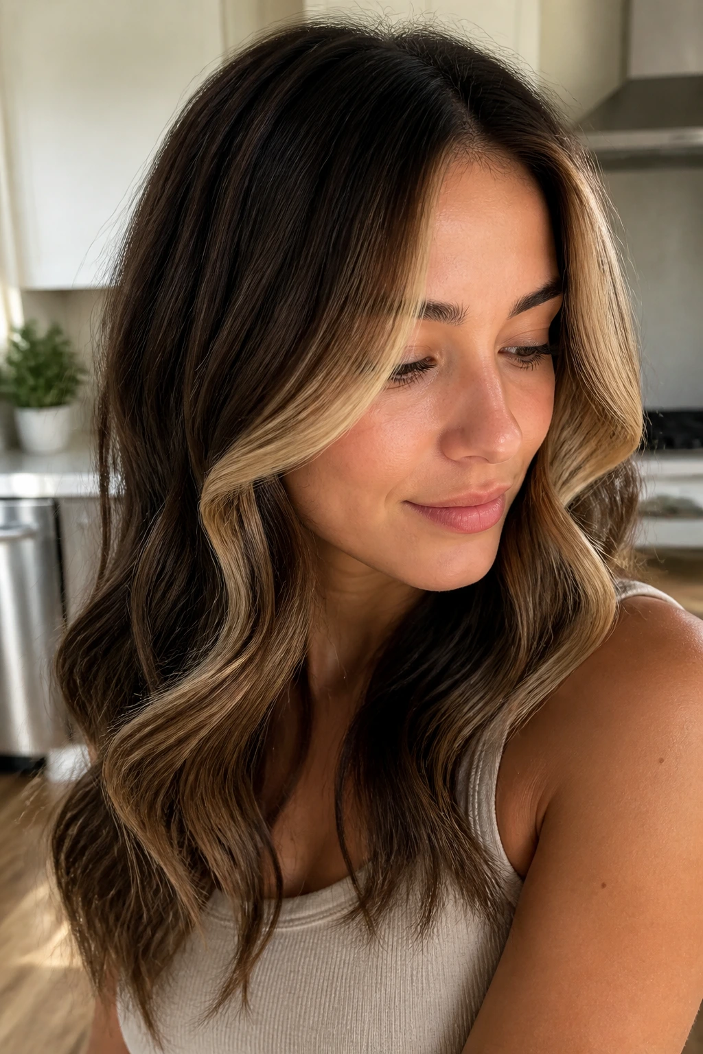Close-up of a real woman with beige money piece front hair in soft waves