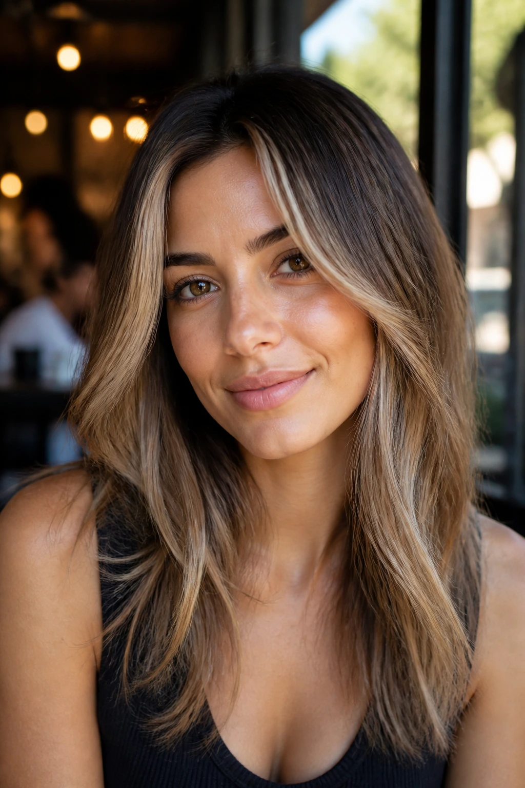 Olive-skinned woman with beige money-piece highlights at the front
