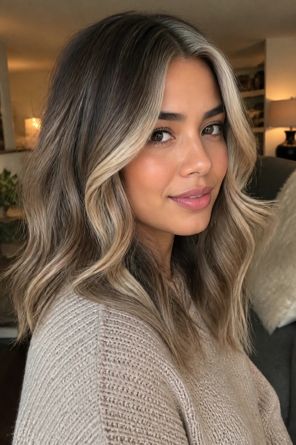 Close-up of a real woman with beige money piece and soft waves hairstyle