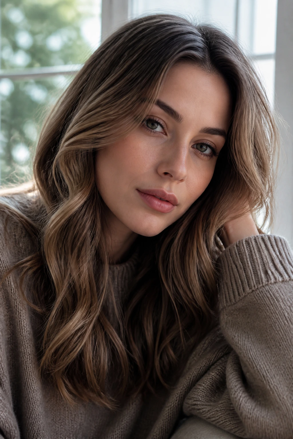 Portrait of a real woman with soft waves in beige mushroom taupe brown hair, reading correctly under natural light