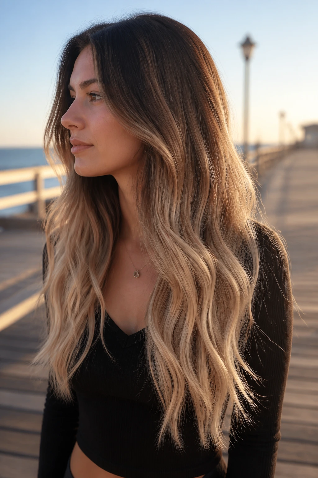 Portrait of a real woman with beige ombré hair and soft ends