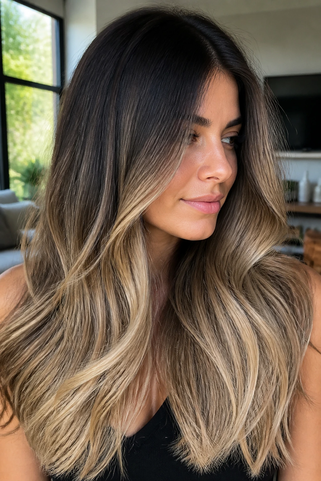 Brunette with beige ombré and shadow root, gradient from dark base to beige ends.