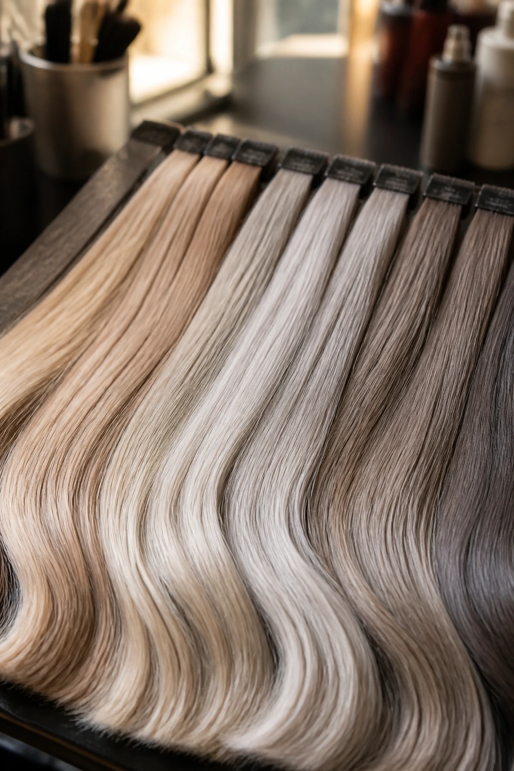Close-up color swatches showing beige, pearl, and mushroom tones on a salon workspace.