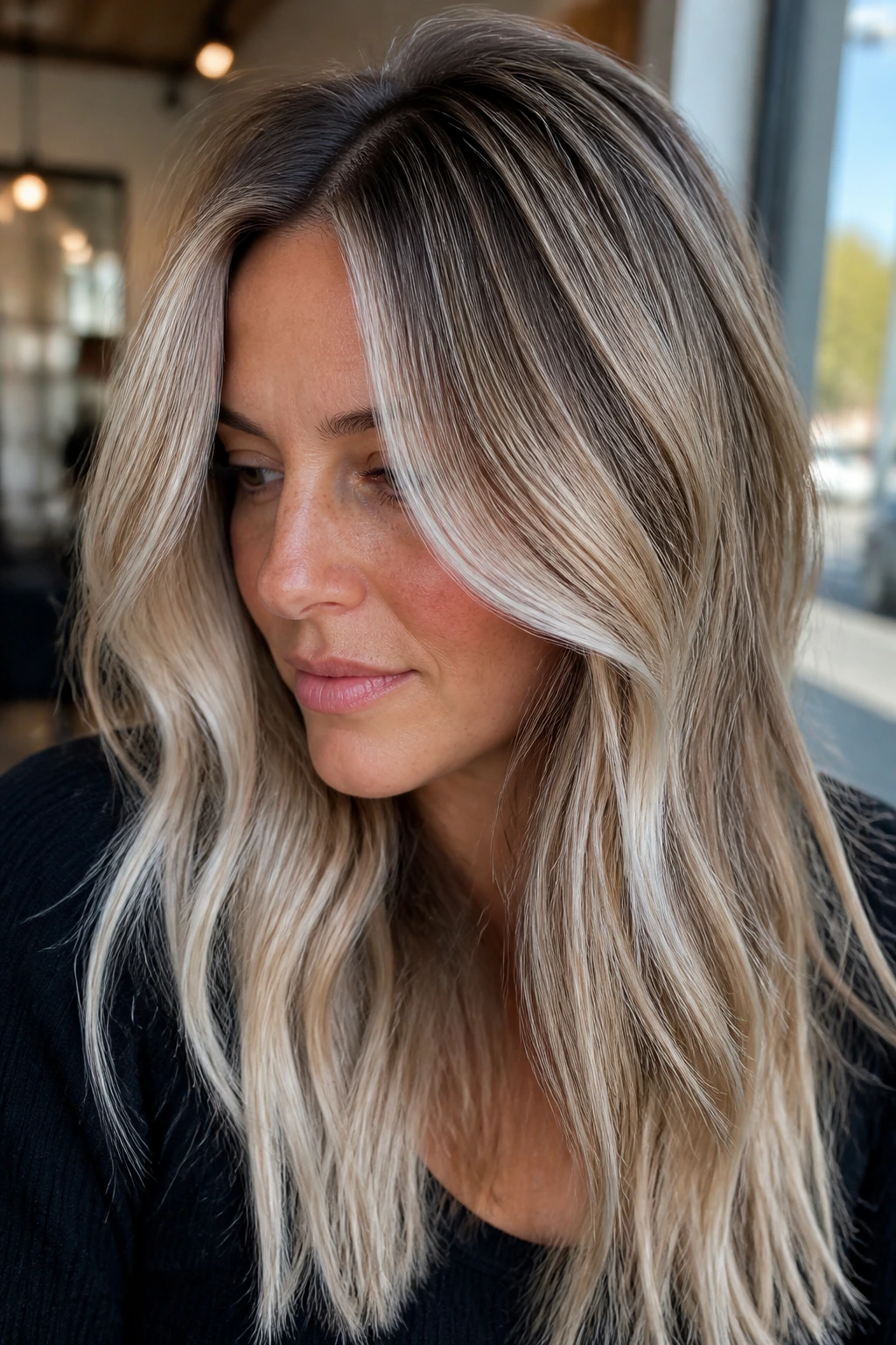Beige-platinum blend on thin dark hair in a sunlit salon