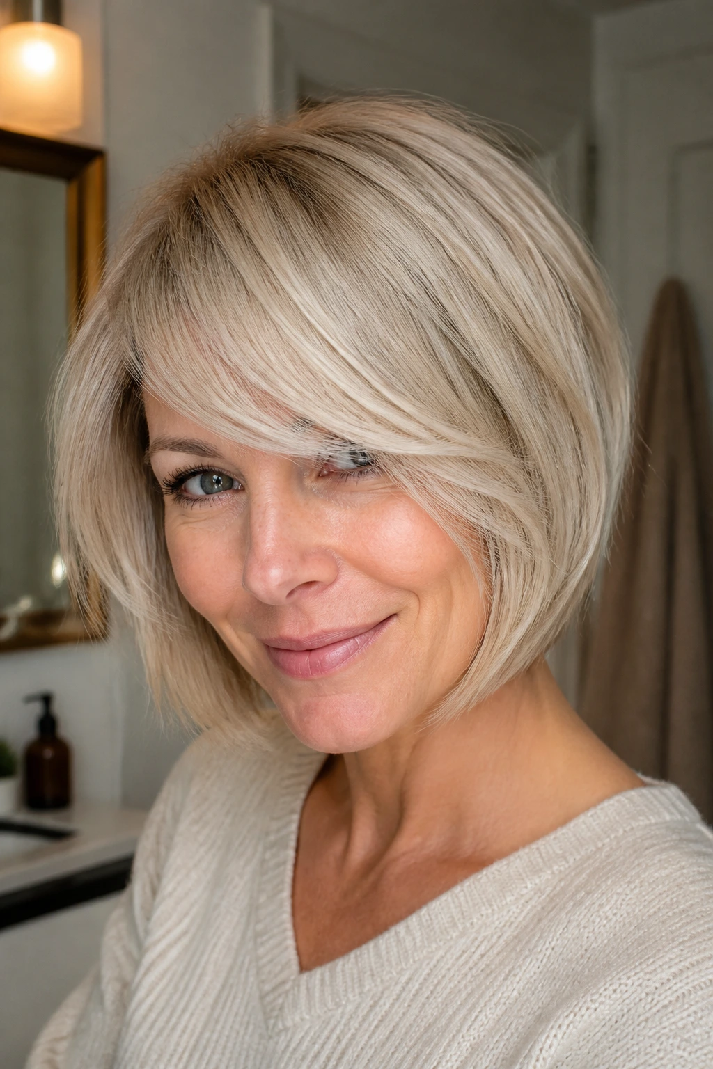 Portrait of a woman with a beige-platinum bob and side-swept bangs in warm light.