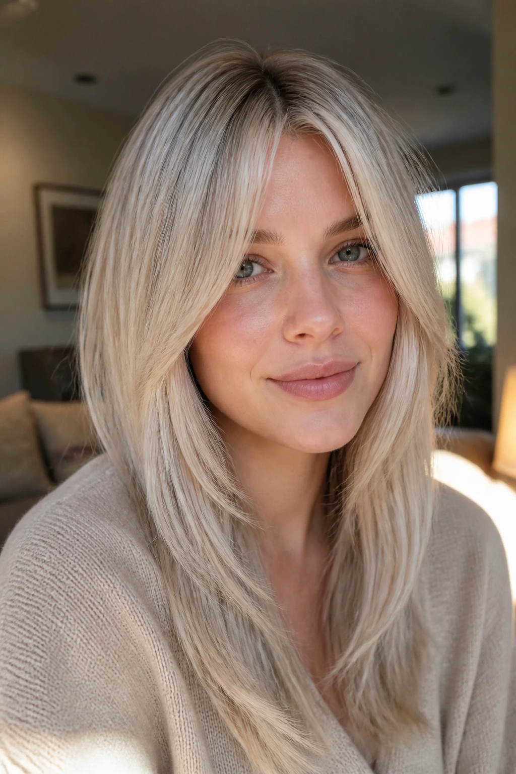 Close-up of a real woman with cool beige platinum and curtain bangs, soft framing around eyes