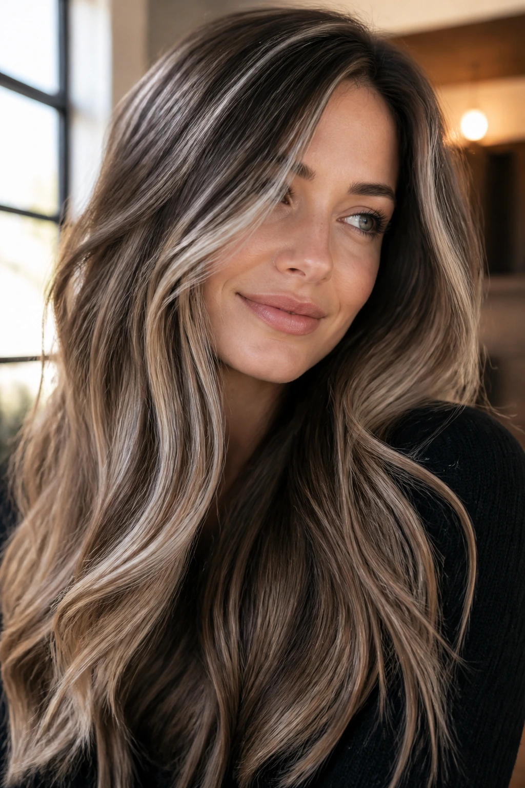 Close-up of real woman with beige-platinum veil on dark mocha brunette hair.
