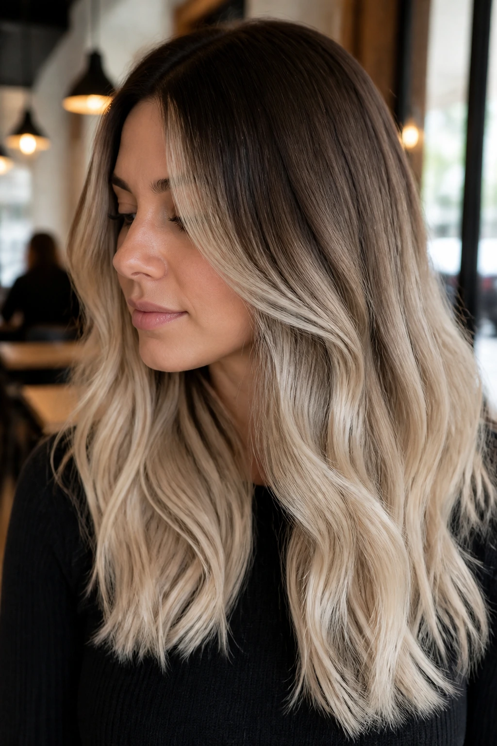 Close-up of brunette hair transitioning to creamy beige platinum ends in a soft melt