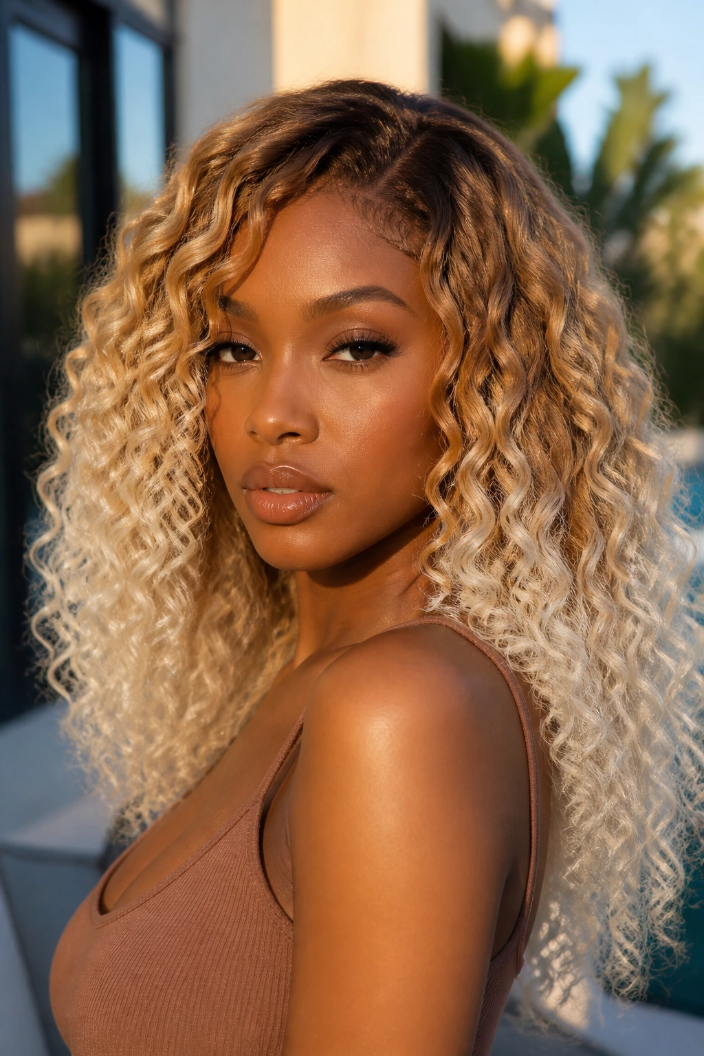 Close-up portrait of a real woman with beige-to-platinum ombre curls.
