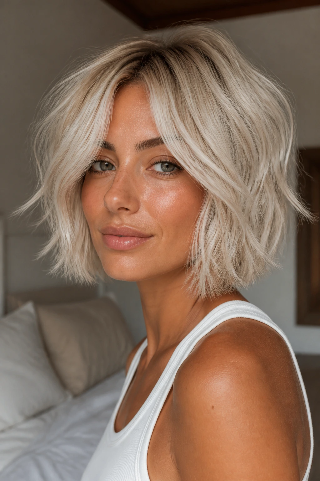Close-up portrait of a real woman with a beige platinum shaggy bob on tan skin