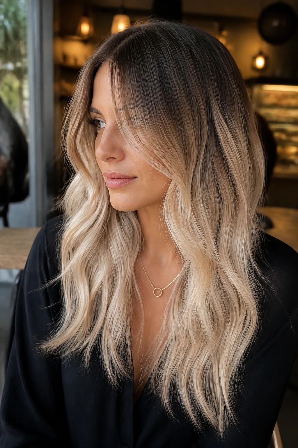 Close-up of brunette woman with beige platinum sombre fade