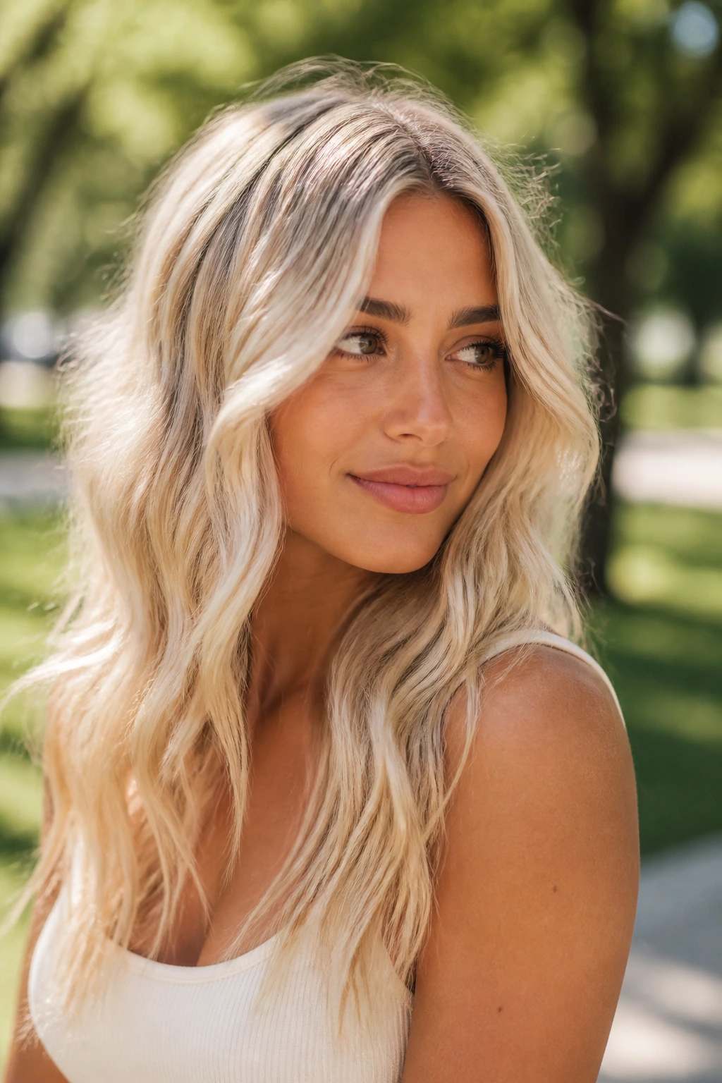 Close-up portrait of a woman with beige platinum waves and tan skin