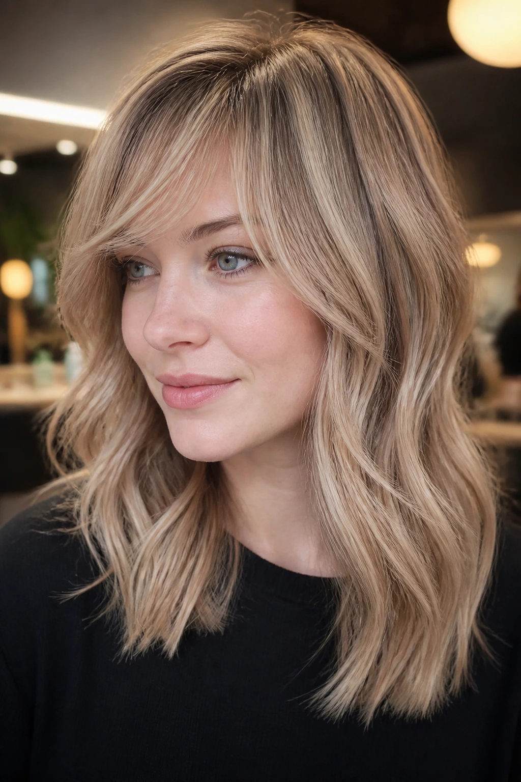 Portrait of a real person with beige ribbon balayage and feathered side fringe